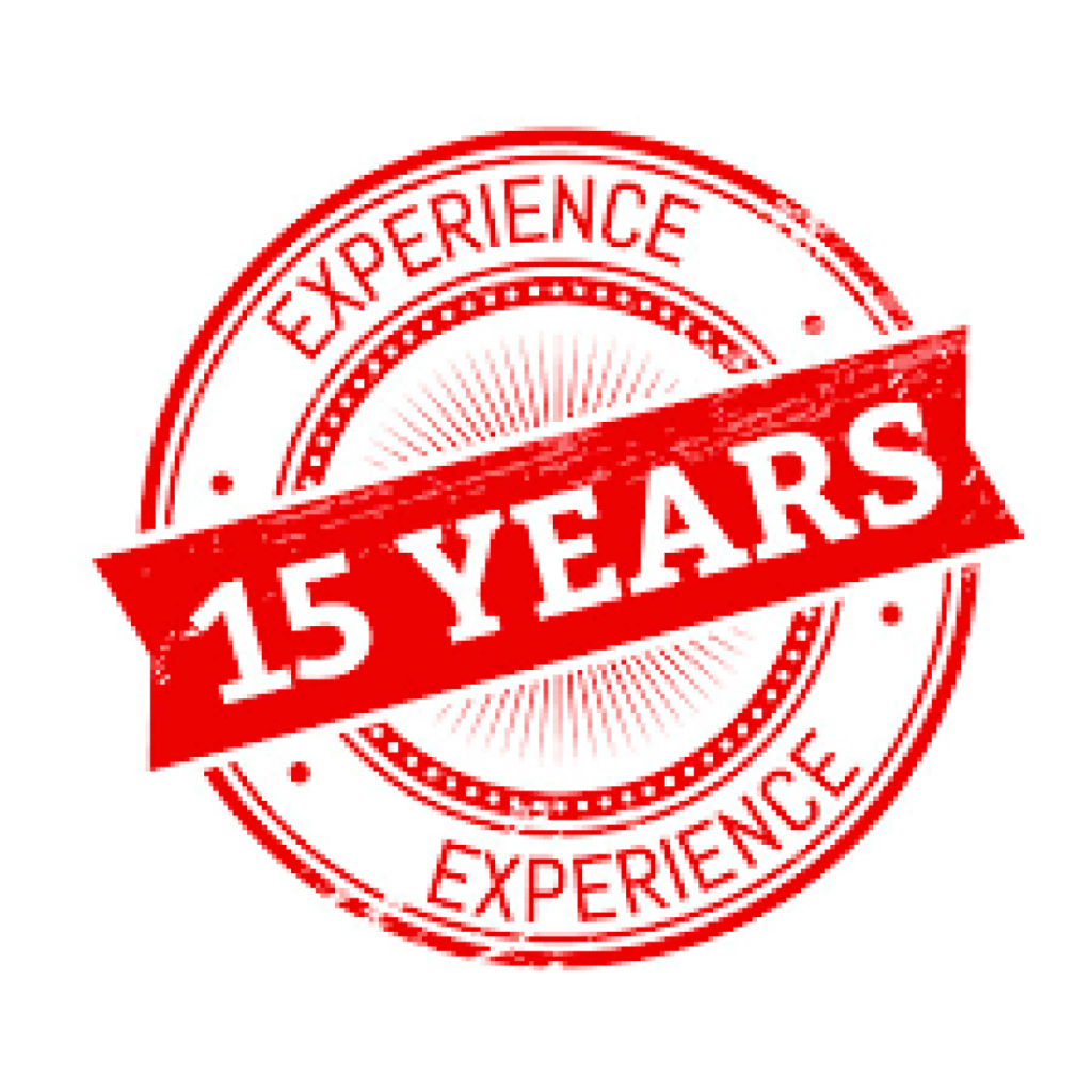 Cachet grunge rouge certifiant l'ancienneté: "15 YEARS EXPERIENCE". Design circulaire avec bannière centrale et effets solaires.