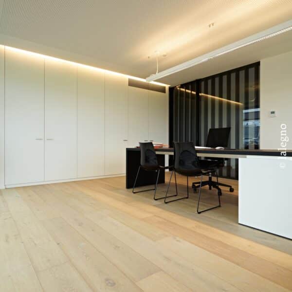 Plancher bois clair dans un bureau moderne avec grand bureau noir, rangements intégrés blancs et éclairage LED indirect.