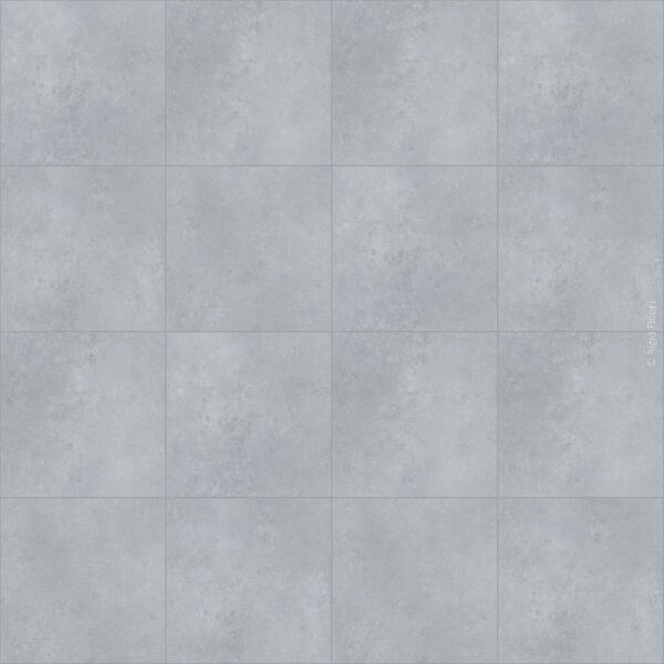 Carrelage sol 4x4 en dalles de béton texturé gris clair. Motif de grille moderne et industriel. Logo : © Rigid Floors.