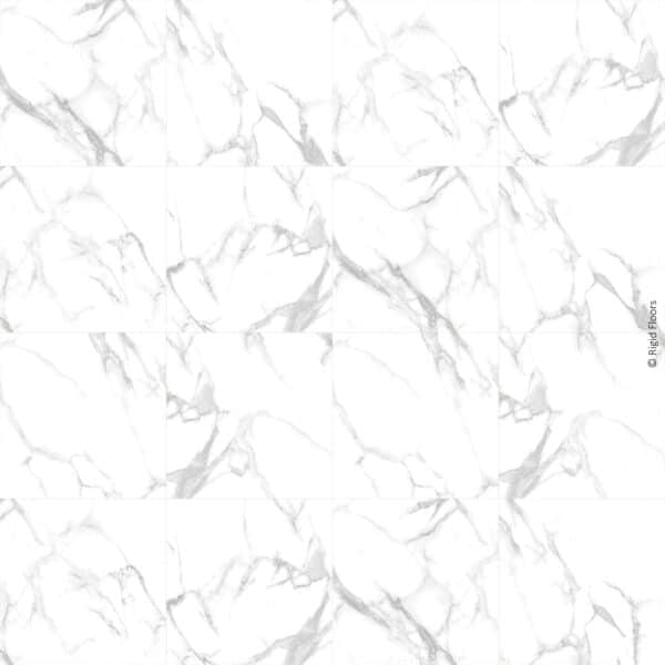 Motif de 16 dalles de marbre blanc Calacatta à veines grises foncées, formant un sol luxueux. Copyright Rigid Floors.