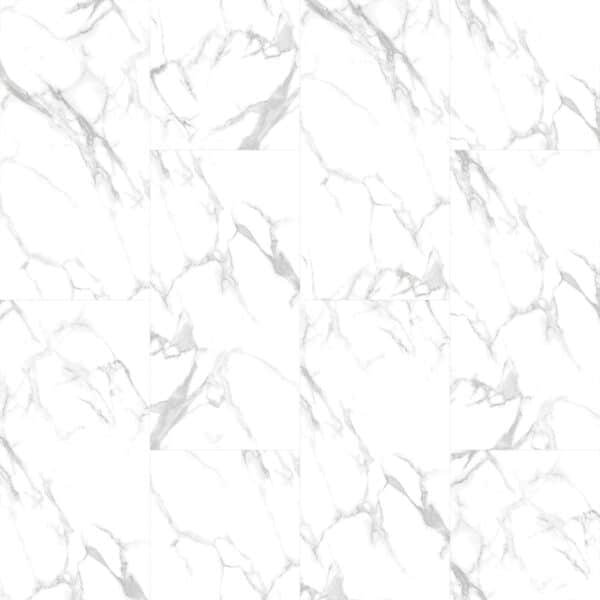 Carrelage en dalles rectangulaires de marbre blanc pur (style Calacatta) avec un veinage gris marqué, posé en motif décalé pour un intérieur élégant.