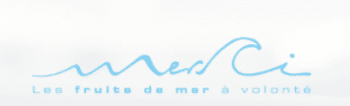 Logo Merci Vagues - Fruits de mer à volonté Logo du restaurant Merci en lettres ondulées bleu clair formant des vagues. Tagline : Les fruits de mer à volonté.