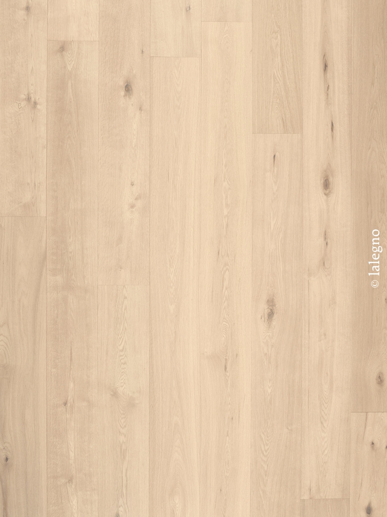 Parquet en chêne clair à lattes larges, grain visible et nœuds subtils. Texture bois naturel et moderne. Copyright © lalegno.