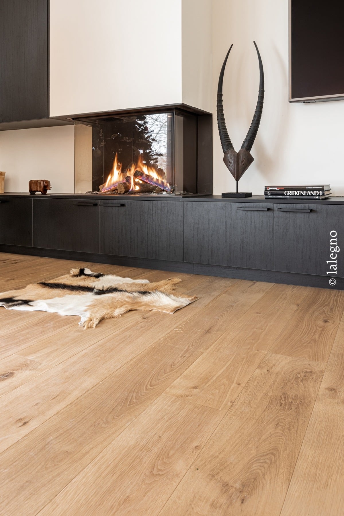Salon design avec cheminée moderne vitrée encastrée sur meuble bas noir. Parquet chêne clair, peau de chèvre et sculpture d'antilope.
