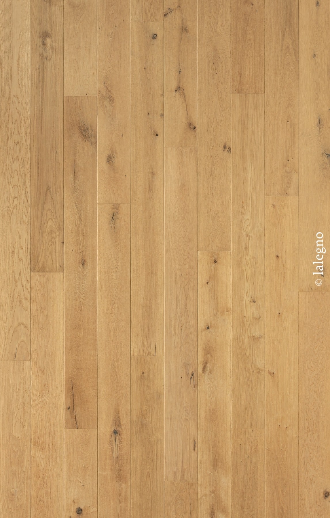 Parquet en chêne clair rustique, lames verticales. Texture bois naturel avec nœuds et fissures.