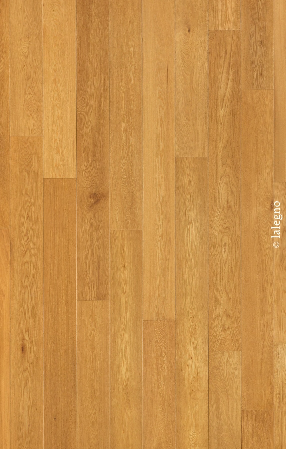 Parquet chêne miel doré, lames larges à grain visible, pose pont de bateau. Revêtement de sol naturel. © lalegno.