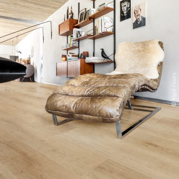 Sol plancher bois clair dans salon moderne/vintage. Chaise longue cuir marron, étagères murales et peintures.