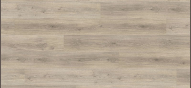 Revêtement de sol imitation bois chêne clair. Larges lames beige taupe, grain de bois apparent et nœuds subtils.