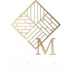 Logo luxueux noir et or RM Parquet. Le motif losange expose divers styles de planchers (chevrons, bâtons rompus). Les Menuisiers Bordelais.